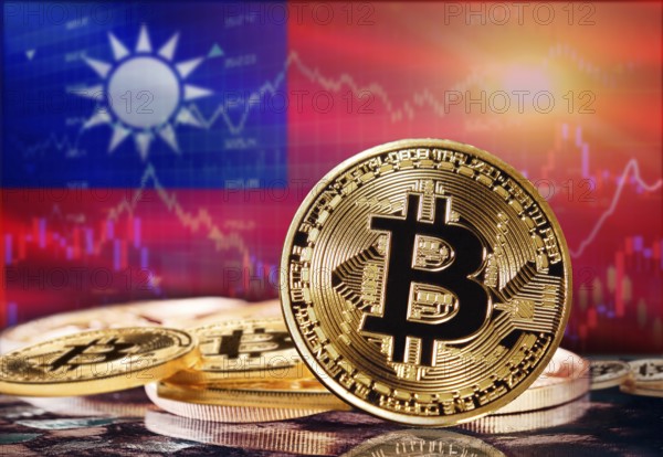 Bitcoin with Taiwan flag in the background. Investors in cryptocurrency and Blockchain Technology in Taiwan, Concept