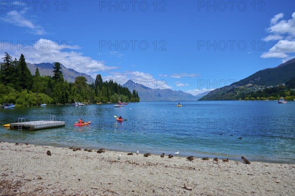Waters with floating ducks and boats against a picturesque mountain backdrop and clear skies, Queenstown, Queenstown-Lakes District, Otago, South Island, New Zealand