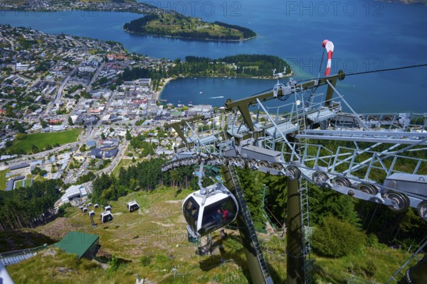 View from a cable car of a town and an expansive lake surrounded by mountains, Queenstown, Queenstown-Lakes District, Otago, South Island, New Zealand