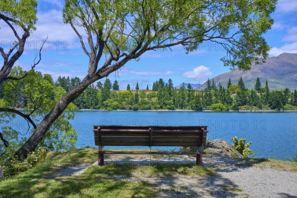 Idyllic landscape with bench and view of a lake and mountains in the background, Queenstown, Queenstown-Lakes District, Otago, South Island, New Zealand