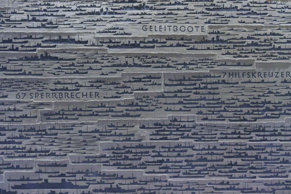 Large number of ship silhouettes on grey metal plate with German texts on ship types, naval memorial, Laboe, Kiel Fjord, Schleswig-Holstein, Germany