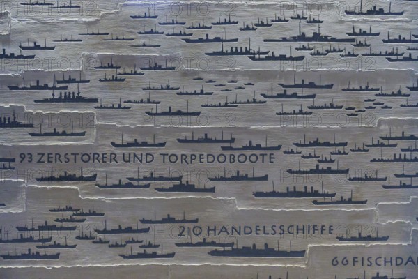 Dark silhouettes of ships on a plate, accompanied by German texts on the number and types of ships, Naval Memorial, Laboe, Kiel Fjord, Schleswig-Holstein, Germany