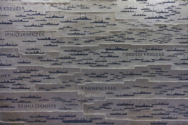 Relief with various types of ships and inscriptions, naval memorial, Laboe, Kiel Fjord, Schleswig-Holstein, Germany