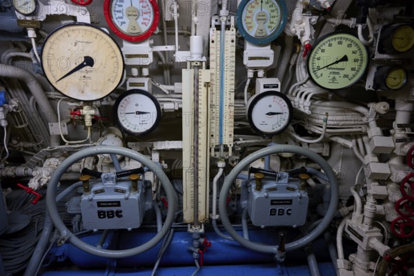 Complex measuring instrument system in a ship's engine room, submarine, Technical Museum U 995, Laboe, Kiel Fjord, Schleswig-Holstein, Germany