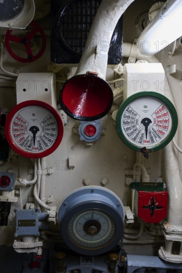 Various machine instruments in a ship with a red and green border, submarine, Technical Museum U 995, Laboe, Kiel Fjord, Schleswig-Holstein, Germany