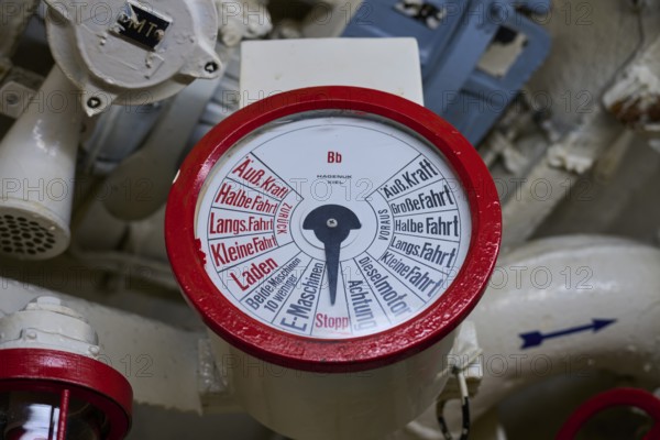 Red ship's engine control panel with scale and labelling, submarine, Technical Museum U 995, Laboe, Kiel Fjord, Schleswig-Holstein, Germany