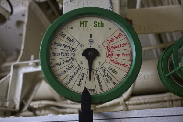 UOld marine engine instrument with green border and scale, submarine, Technical Museum U 995, Laboe, Kiel Fjord, Schleswig-Holstein, Germany