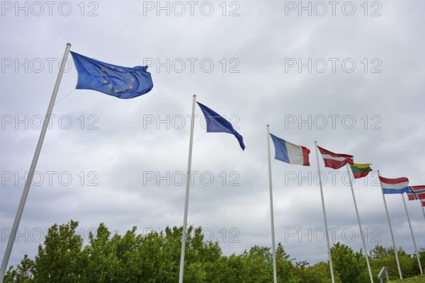 Various national flags in the wind under a cloudy sky, Naval Memorial, Laboe, Kiel Fjord, Schleswig-Holstein, Germany