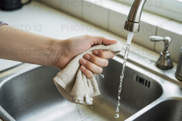 Woman's hand wringing cleaning rag under running water tap. Generative AI, AI generated