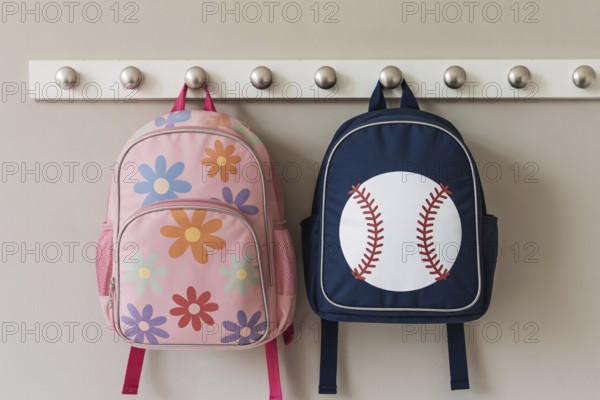 Gender-coded children's backpacks highlighting stereotypical color norms. Generative ai, AI generated