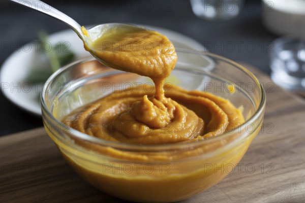 Bowls of creamy pumpkin purée with spoon. Generative ai, AI generated
