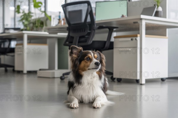 Well-behaved medium dog resting in office setting with calm work atmosphere. Generative AI, AI generated