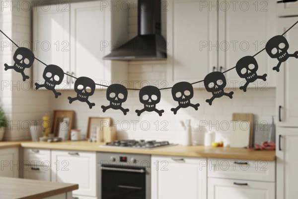 Black skull and crossbones Halloween garland hanging in cozy kitchen interior. Generative AI, AI generated