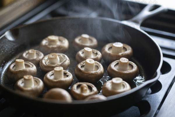 Champignon mushrooms sizzling in frying pan with steam. Generative ai, AI generated