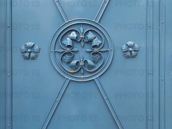 Decorations on a blue metal gate, iron gate, Southern Palatinate, Palatinate, Rhineland-Palatinate, Germany