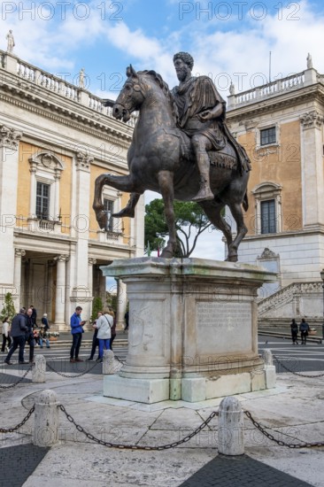Copy of larger-than-life bronze statue of Roman Emperor Marcus Aurelius on the Capitoline Hill in front of the Capitoline Museums Museum, Piazza del Campidoglio, Rome, Lazio, Italy