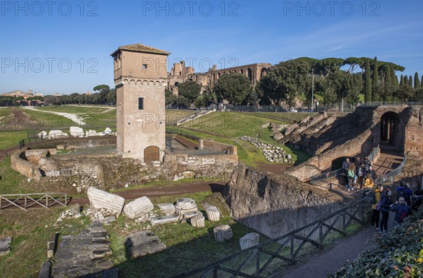 Left Torre della Moletta, part of medieval building ruins from the Middle Ages in the archaeological complex of Circus Maximus, Rome, Lazio, Italy