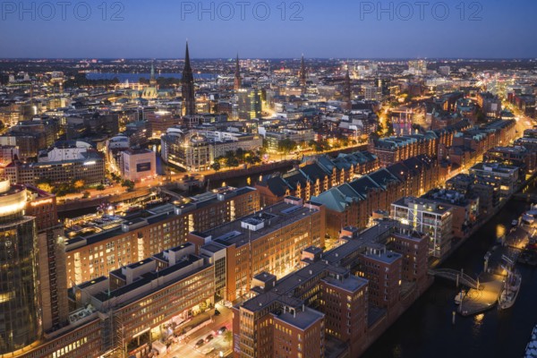 Aerial view of the historic warehouse district at the blue hour, Hamburg, Germany