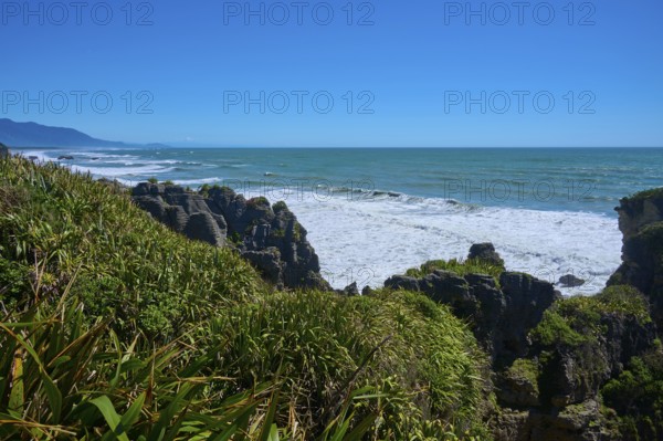 Panoramic view of the coastline with cliffs and ocean under a bright blue sky, Pancake Rocks, Westport, Greymouth, West Coast, South Island, New Zealand