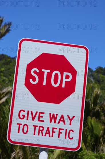 Stop sign indicating give way on a road under a clear blue sky, Pancake Rocks, Westport, Greymouth, West Coast, South Island, New Zealand