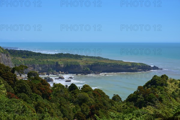 Coastal landscape with green hills and rocky coastline under a clear blue sky, West Coast, South Island, New Zealand