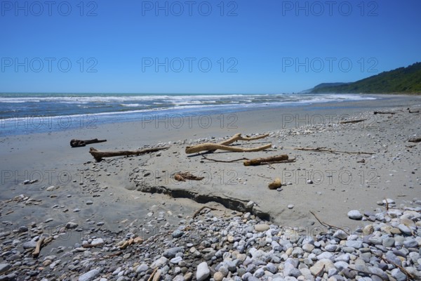 Rocky beach with driftwood and a view of the blue ocean, West Coast, South Island, New Zealand