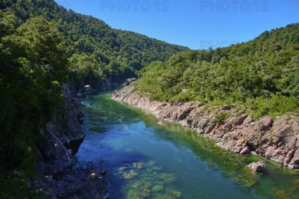 River flows through rocky gorge, surrounded by green nature, Buller River, Murchison, Tasman, South Island, New Zealand