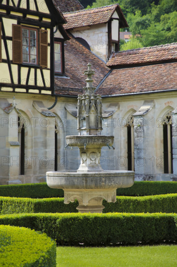 Bebenhausen Monastery, half-timbered, Gothic cloister, sacred building, historic building, architecture, former Cistercian abbey, medieval monastery, cloister garden, fountain, listed building, Bebenhausen district of the university town of Tübingen, Schönbuch, Baden-Württemberg, Germany