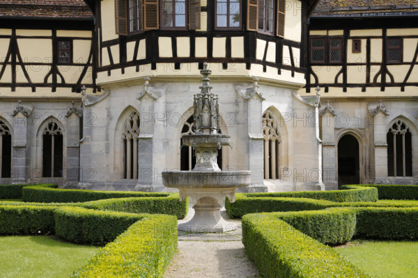 Bebenhausen Monastery, well house, half-timbered building, Gothic cloister, sacred building, historic building, architecture, former Cistercian abbey, medieval monastery, cloister garden, well, listed building, Bebenhausen district of the university town of Tübingen, Schönbuch, Baden-Württemberg, Germany