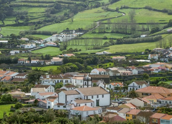 High angle settlement scenery at Sao Miguel Island, the biggest island of the Azores Archipelago, a group of vulcanic islands located in the middle of the North Atlantic Ocean Portugal