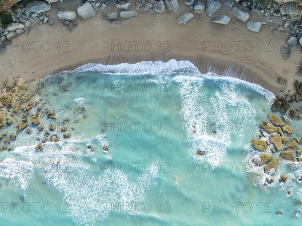 The Roche coves at he Mediterranean Sea. Aerial view. Drone shot. Cádiz province, Andalusia, Spain
