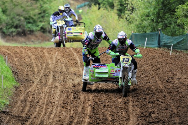Motocross, Rudersberg, Baden-Württemberg, Germany, Europe, Rider team in a fast sidecar race on a clay track, Rudersberg motocross