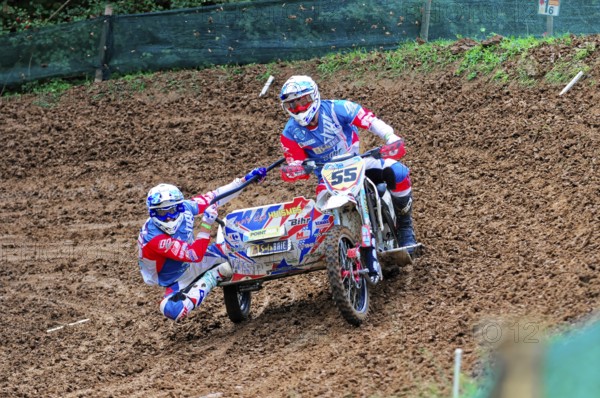 Motocross, Rudersberg, Baden-Württemberg, Germany, Europe, Exciting moment in a bend during a sidecar motocross race, Rudersberg motocross