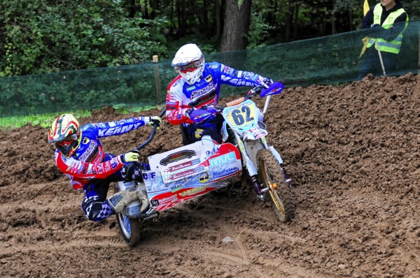Motocross, Rudersberg, Baden-Württemberg, Germany, Europe, Rider fights his way through a muddy bend in a sidecar race, Rudersberg Motocross