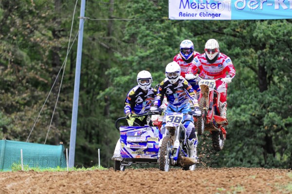 Motocross, Rudersberg, Baden-Württemberg, Germany, Europe, Two motorcyclists in full action as they ride around the track, Rudersberg motocross