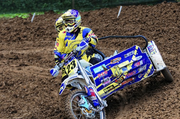 Motocross, Rudersberg, Baden-Württemberg, Germany, Europe, pair of riders in a sidecar motocross race on a muddy track, Rudersberg motocross