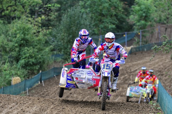 Motocross, Rudersberg, Baden-Württemberg, Germany, Europe, Motocross rider with sidecar at full speed on a winding race track, Rudersberg motocross