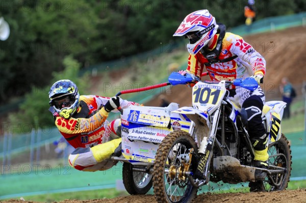 Motocross, Rudersberg, Baden-Württemberg, Germany, Europe, Two riders on a motorbike race around the track in a motocross event, Rudersberg motocross