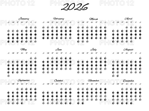 Lunar Phases Calendar, Full Year 2026 Daily Moon Phases on White