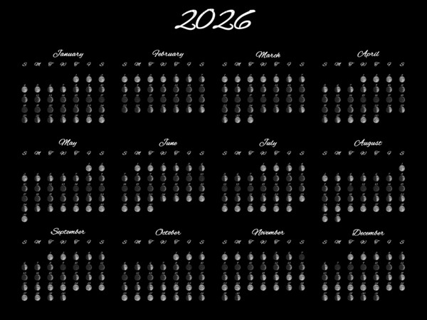 Lunar Phases Calendar, Full Year 2026 Daily Moon Phases On Black