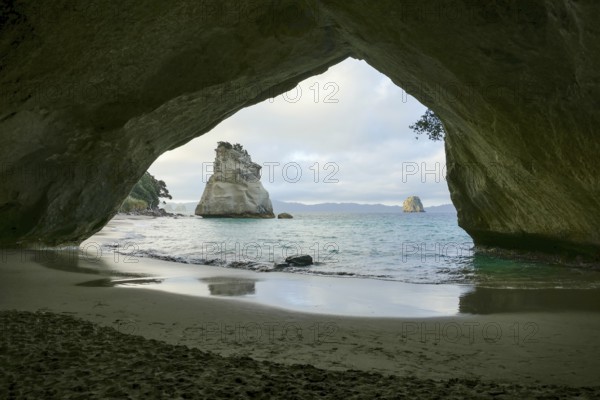 Te Hoho Rock seen through a rock arch at a coastal area named Cathedral Cove in the southern part of Mercury Bay on the Coromandel Peninsula at the North Island of New Zealand
