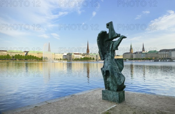 Scenery including the Windsbraut sculpture around the Inner Alster Lake, a part of Hamburg in Northern Germany