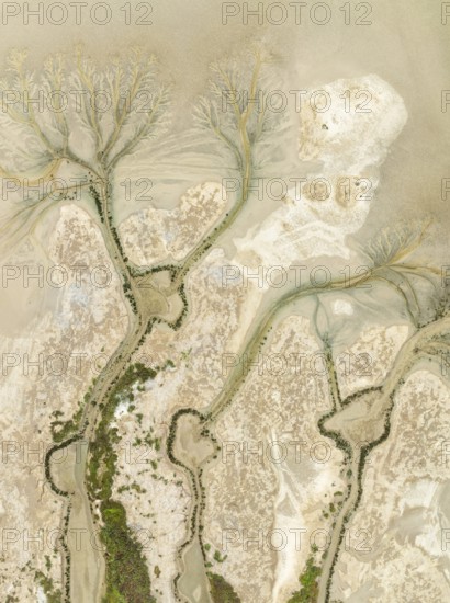 Abstract patterns at low tide in the marshland of the Nature Reserve La Breña y Marismas del Barbate. Aerial view. Drone shot. Cádiz province, Andalusia, Spain