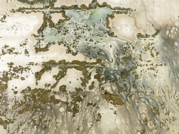 Marshland at low tide. Nature Reserve La Breña y Marismas del Barbate. Aerial view. Drone shot. Cádiz province, Andalusia, Spain
