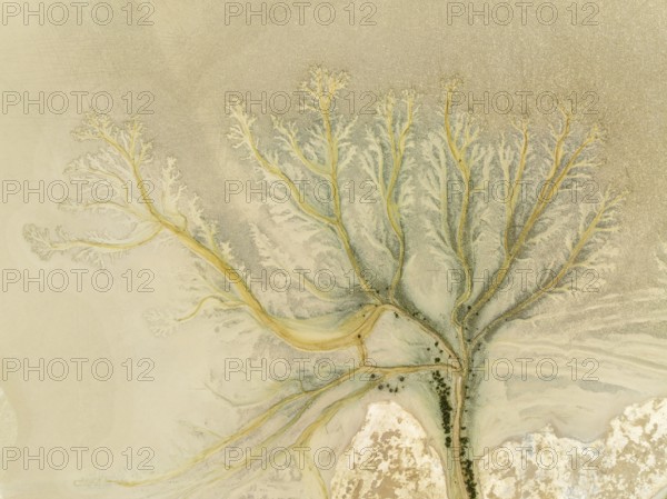 Abstract patterns at low tide in the marshland of the Nature Reserve La Breña y Marismas del Barbate. Aerial view. Drone shot. Cádiz province, Andalusia, Spain