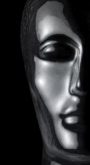 Translucent reflective human head made of glass in black back