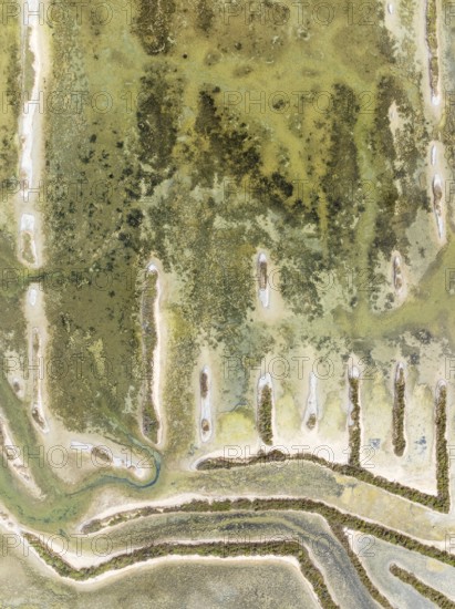 Abandoned saline ponds in the Bahía de Cádiz Nature Reserve. Aerial view. Drone shot. Cádiz province, Andalusia, Spain