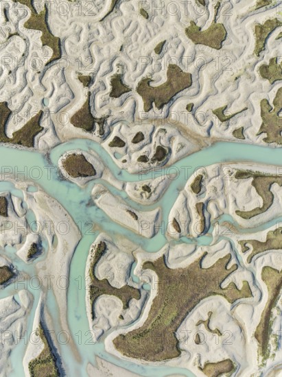 Network of channels and streams at low tide. In the marshland of the Bahía de Cádiz Nature Reserve. Aerial view. Drone shot. Cádiz province, Andalusia, Spain