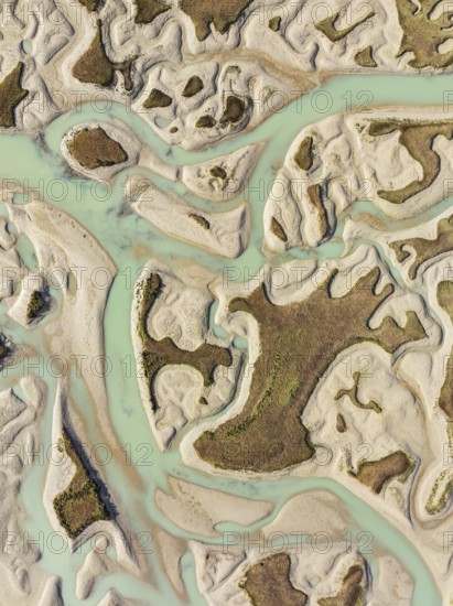 Network of channels and streams at low tide. In the marshland of the Bahía de Cádiz Nature Reserve. Aerial view. Drone shot. Cádiz province, Andalusia, Spain