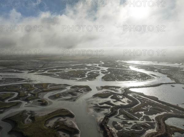 Network of channels and streams at low tide. In the marshland of the Bahía de Cádiz Nature Reserve. Aerial view. Drone shot. Cádiz province, Andalusia, Spain